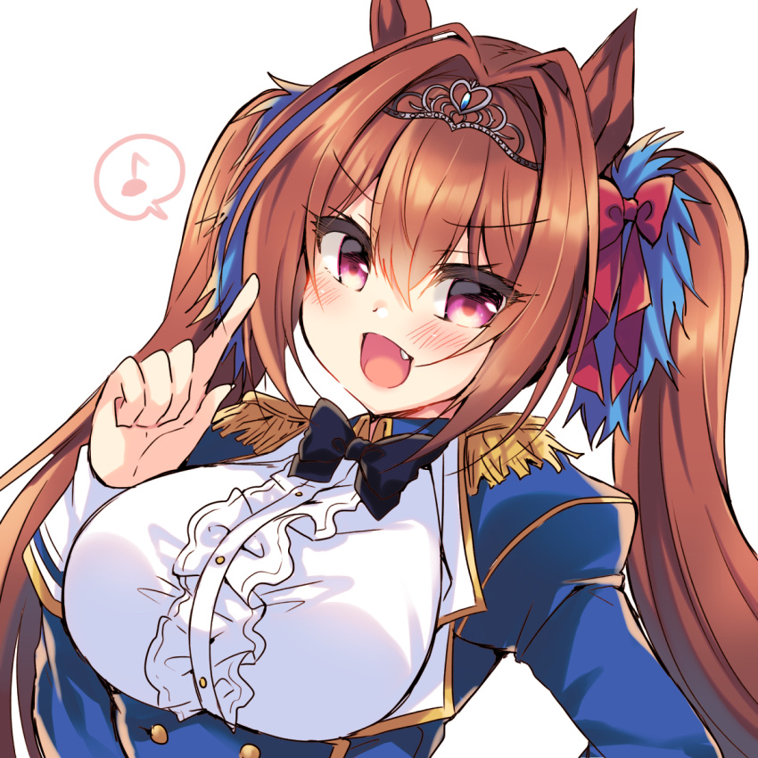 1girl :d animal_ears black_neckwear blue_jacket blush bow bowtie breasts brown_hair center_frills commentary_request daiwa_scarlet eighth_note fang frills hair_bow hair_intakes hand_up highres horse_ears index_finger_raised jacket juliet_sleeves large_breasts long_hair long_sleeves musical_note open_mouth puffy_sleeves red_bow shirt simple_background sleeves_past_wrists smile solo spoken_musical_note suzunone_rena tiara twintails umamusume upper_body violet_eyes white_background white_shirt