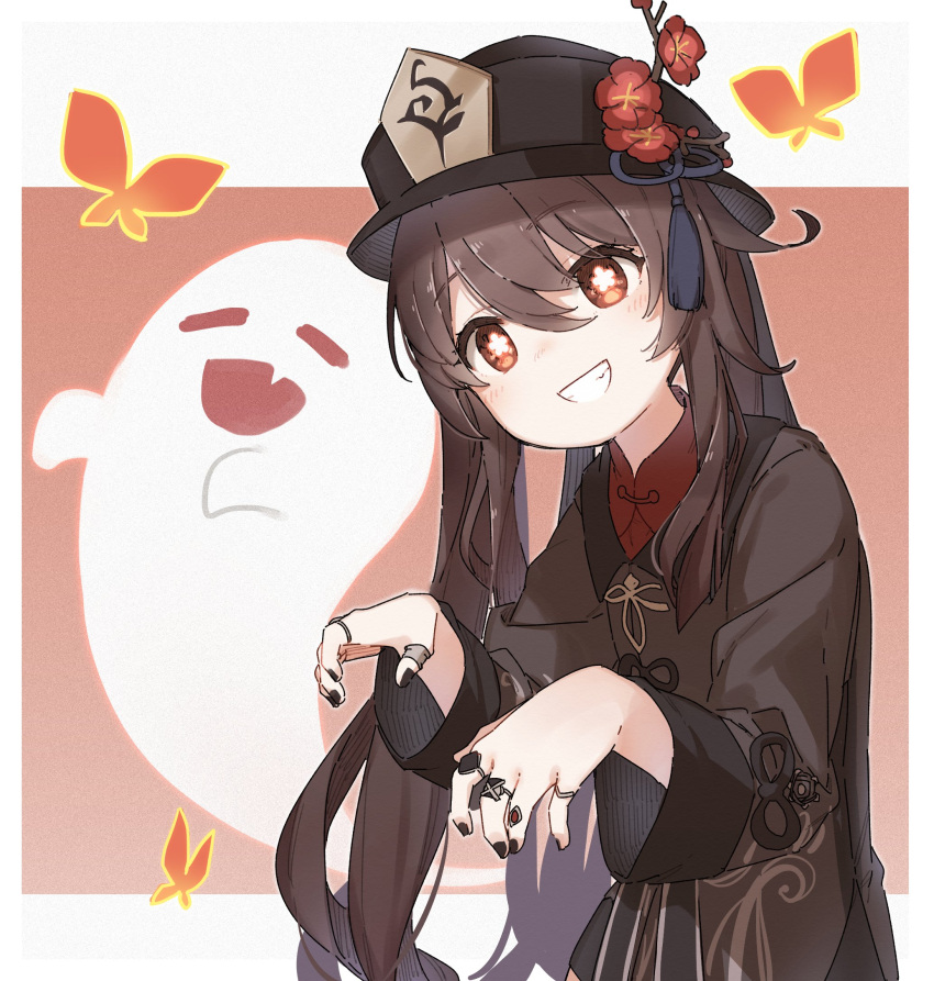 1girl :d =_= bangs black_dress black_headwear black_nails brown_eyes brown_hair closed_eyes commentary_request dress eyebrows_visible_through_hair fang flower flower-shaped_pupils genshin_impact ghost grin hair_between_eyes hat highres hu_tao jewelry long_hair long_sleeves looking_at_viewer nail_polish open_mouth red_flower red_shirt ring shirt smile solo upper_body very_long_hair yukie_(kusaka_shi)