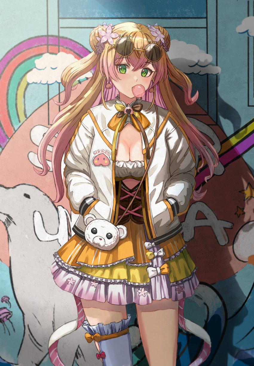 1girl bangs blonde_hair breasts chewing_gum dress earrings eyebrows_visible_through_hair gradient_hair green_eyes hair_between_eyes hair_ornament hands_in_pockets highres hololive jacket jewelry large_breasts long_hair looking_at_viewer mismatched_legwear momosuzu_nene multicolored_hair mural seal shadow solo standing sunglasses tachikana6 thigh-highs virtual_youtuber wallpaper