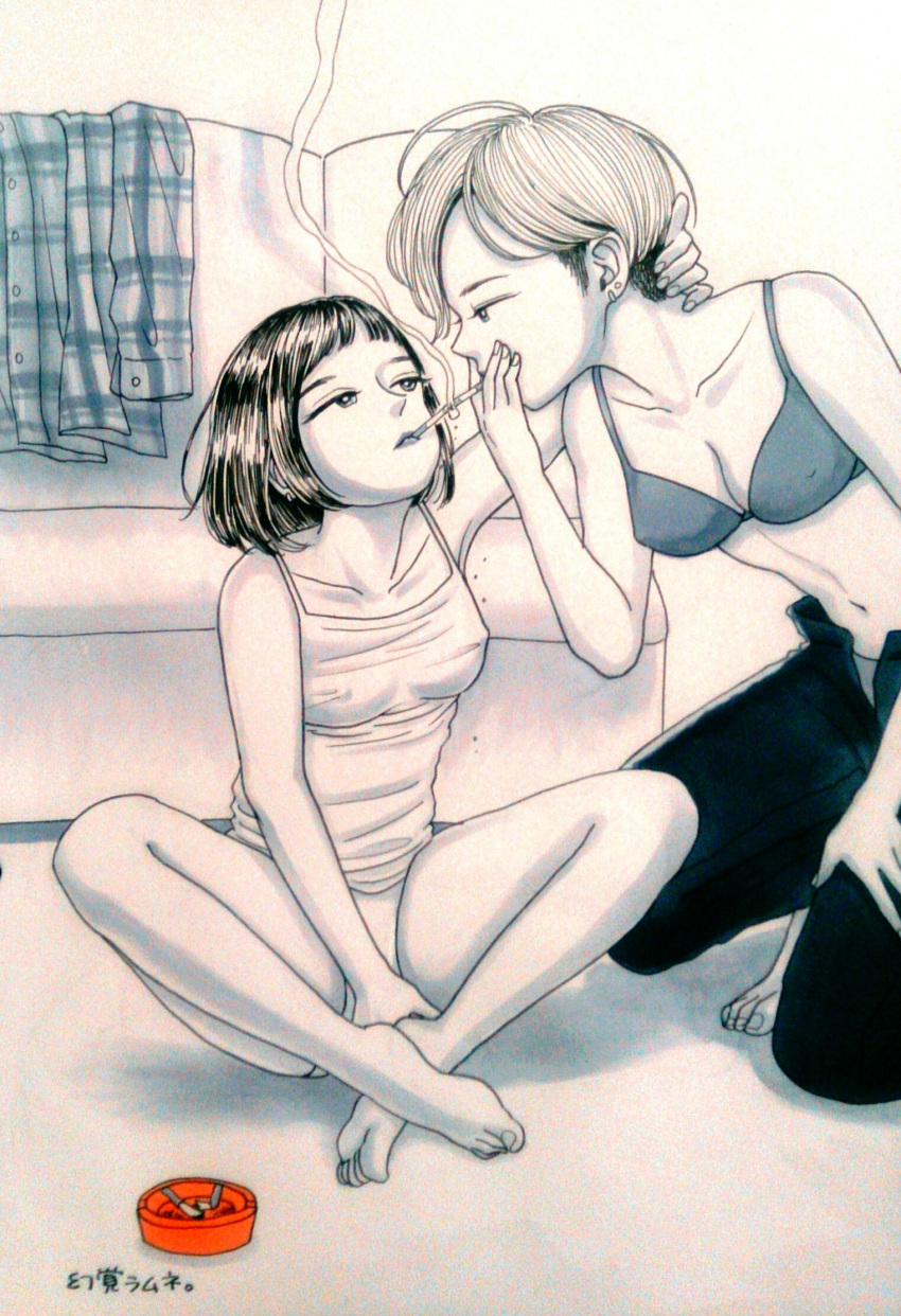 2girls ashtray barefoot bob_cut bra camisole cigarette cigarette_kiss earrings genkakuramune hand_on_another's_neck highres jewelry limited_palette midriff multiple_girls original short_hair sitting smoking squatting traditional_media underwear yuri