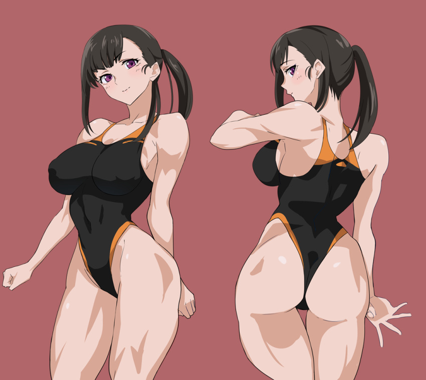 1girl ass back bangs black_hair blush breasts clenched_hands covered_navel covered_nipples en'en_no_shouboutai looking_at_viewer maki_oze one-piece_swimsuit pink_background ponytail simple_background swimsuit violet_eyes webslinger