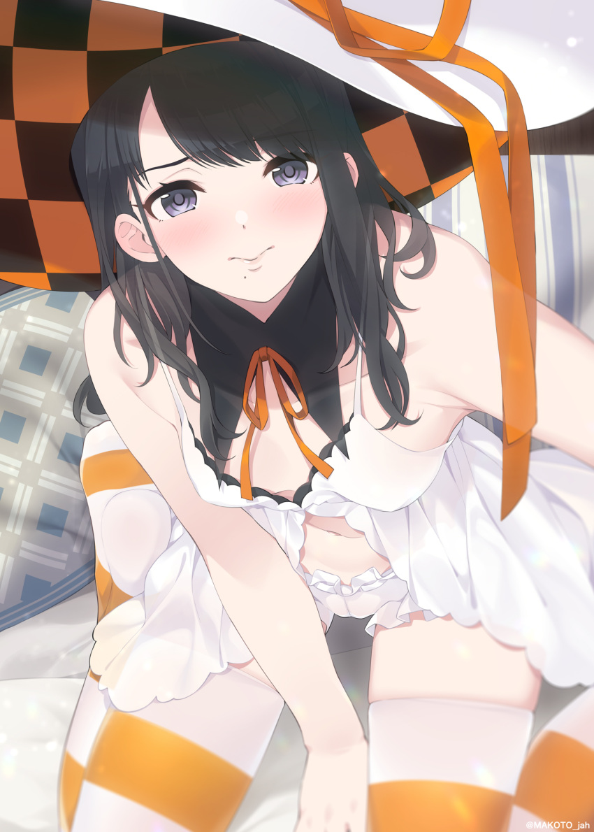 black_hair bloomers checkered checkered_headwear couch detached_collar hat hat_ribbon highres idolmaster idolmaster_shiny_colors kazano_hiori long_hair looking_at_viewer midriff mizuki_makoto mole mole_under_mouth navel neck_ribbon ribbon sitting striped striped_legwear thigh-highs underwear white_headwear witch_hat