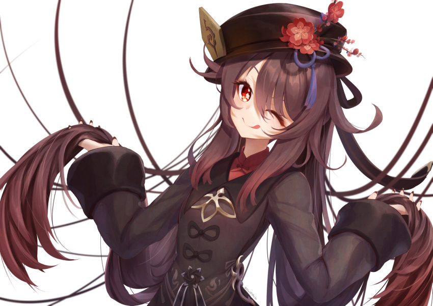 1girl ;q black_headwear brown_hair commentary english_commentary eyebrows_behind_hair fingernails flower flower-shaped_pupils genshin_impact gradient_hair hair_flowing_over hand_in_hair hat hat_flower hat_ornament head_tilt hu_tao long_fingernails long_hair long_sleeves making-of_available mandarin_collar multicolored_hair nail_polish one_eye_closed plum_blossoms red_eyes red_flower redhead smile solo spica_(starlitworks) symbol-shaped_pupils tongue tongue_out twintails upper_body very_long_hair white_background