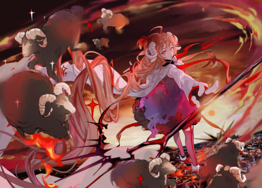 1girl animal arknights brown_hair bubble_skirt burnt_clothes curly_hair eyjafjalla_(arknights) fingerless_gloves fire gloves goat goat_horns horns kanose long_hair looking_at_viewer looking_back red_eyes skirt solo staff very_long_hair