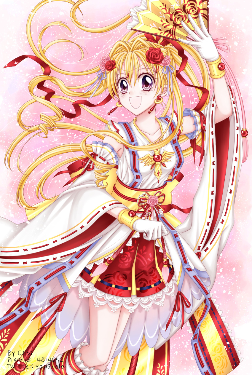 1girl :d absurdres back_bow blonde_hair boots bow clai.y detached_sleeves earrings embellished_costume fan floral_print flower gloves hair_bow hair_flower hair_intakes hair_ornament hair_ribbon highres holding holding_fan jewelry kaitou_jeanne kamikaze_kaitou_jeanne knee_boots kusakabe_maron long_hair looking_at_viewer magical_girl official_style open_mouth pink_background pink_flower pink_rose ponytail print_skirt red_bow red_flower red_ribbon red_rose red_skirt ribbon rose signature skirt smile solo twitter_username violet_eyes white_footwear white_gloves white_sleeves yellow_bow