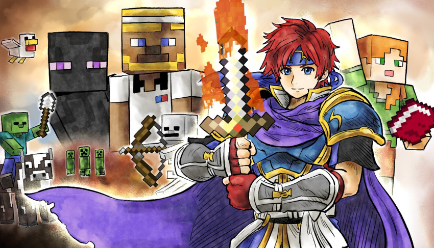 1boy alex_(minecraft) armor arrow_(projectile) binding_blade_(weapon) blue_eyes book bow cape chicken_(minecraft) cow_(minecraft) creeper enderman fire fire_emblem fire_emblem:_the_binding_blade gauntlets gloves headband holding holding_sword holding_weapon kicdon looking_at_viewer minecraft open_mouth parody red_eyes redhead roy_(fire_emblem) short_hair shovel skeleton_(minecraft) smile steve_(minecraft) sword weapon zombie_(minecraft)