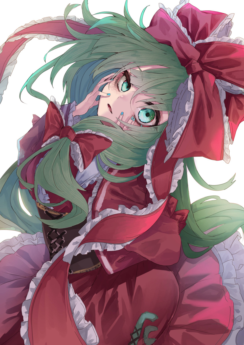 1girl absurdres bangs bow corset cowboy_shot dress eyebrows_visible_through_hair floating_hair frills front_ponytail green_eyes green_hair green_nails hair_bow hair_ribbon hands_on_own_cheeks hands_on_own_face highres kagiyama_hina long_hair looking_at_viewer murayo nail_polish parted_lips petticoat red_bow red_dress red_ribbon ribbon simple_background solo swept_bangs touhou uneven_eyes very_long_hair white_background