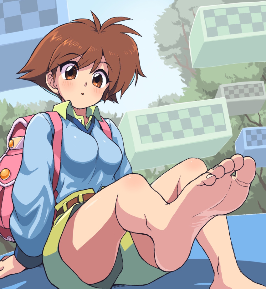 1girl backpack bag blush brown_eyes brown_hair collared_shirt feet highres legs looking_at_viewer open_mouth oyatsu_(mk2) shirt short_hair shorts soles solo sweater toes