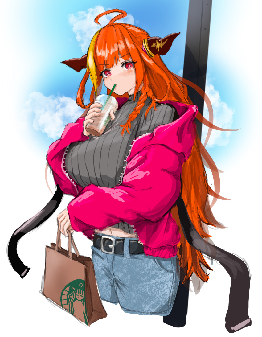 1girl absurdres ahoge bag belt braid breasts clouds coffee denim dragon_girl dragon_horns drinking eyebrows_visible_through_hair highlights highres holding hololive horns jacket jeans kiryuu_coco lamppost large_breasts long_hair multicolored_hair navel orange_hair outdoors pants red_eyes simple_background sky solo standing sweater turtleneck turtleneck_sweater very_long_hair virtual_youtuber yo_na