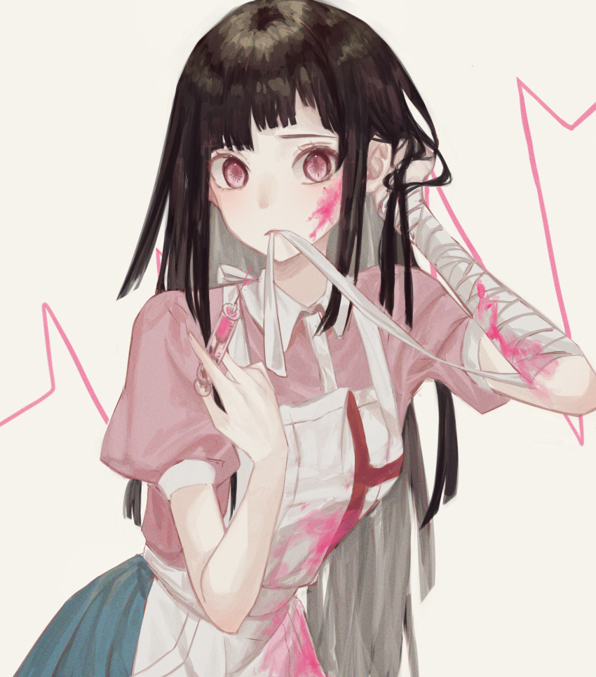 1girl adjusting_hair apron bandaged_arm bandages bandaid bangs black_hair blood blood_on_face blue_skirt blunt_bangs blush closed_mouth commentary dangan_ronpa_(series) dangan_ronpa_2:_goodbye_despair hand_in_hair highres holding holding_syringe long_arms long_hair looking_at_viewer mole mouth_hold mu_ooa open_mouth pink_blood pink_eyes pink_shirt puffy_short_sleeves puffy_sleeves purple_hair shirt short_sleeves simple_background skirt solo striped symbol_commentary syringe tsumiki_mikan upper_body