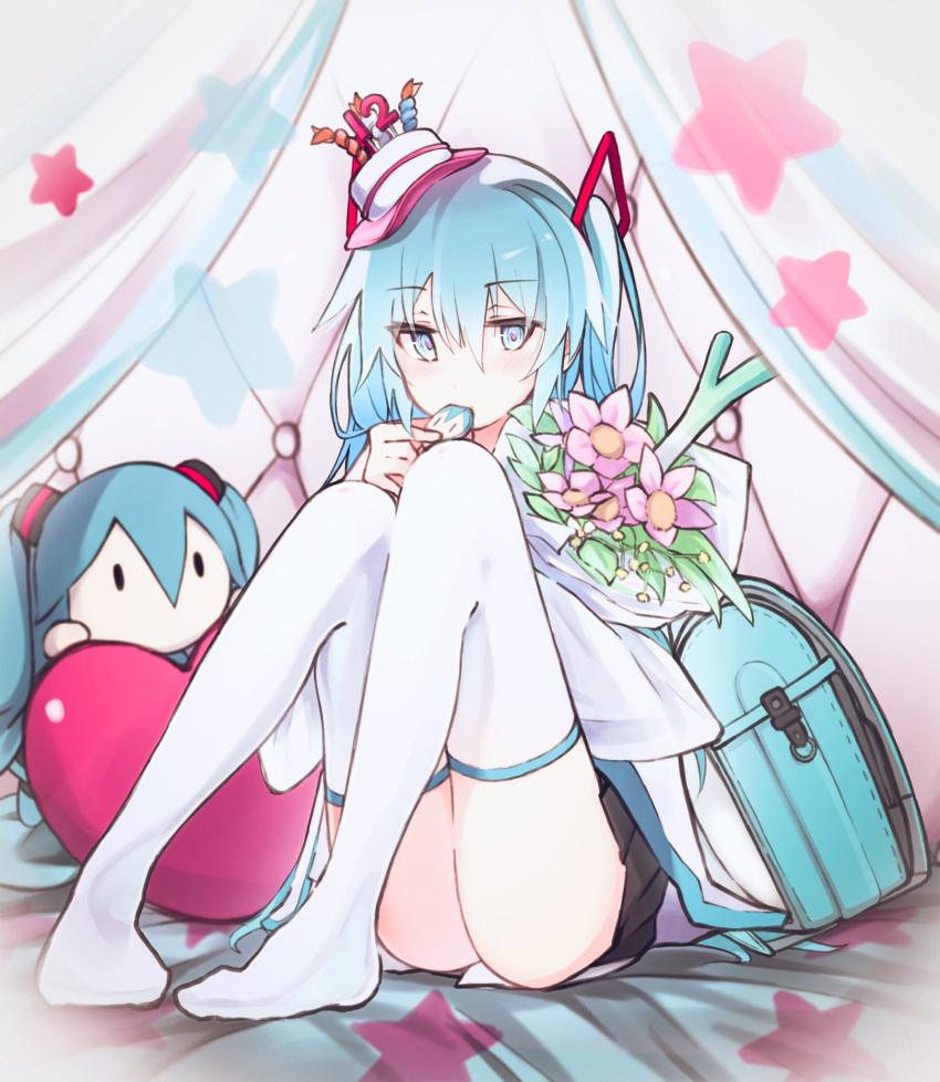 1girl aqua_eyes aqua_hair azarasi_haru backpack backpack_removed bad_id bad_pixiv_id bag bed birthday black_skirt bouquet character_doll cookie eating eyebrows_visible_through_hair flower food full_body hair_between_eyes hat hatsune_miku heart heart_pillow highres holding holding_bouquet holding_cookie holding_food knees_up looking_at_viewer mini_hat pillow pink_flower pleated_skirt sitting skirt solo spring_onion star_(symbol) thigh-highs twintails vocaloid white_legwear