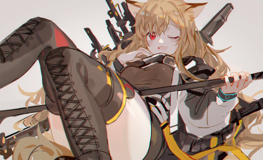 1girl animal_ears arknights boots brown_hair ceobe_(arknights) combat_boots dog_ears dog_girl dog_tail holding holding_weapon kanose kneehighs long_hair looking_at_viewer one_eye_closed sitting solo tail very_long_hair weapon