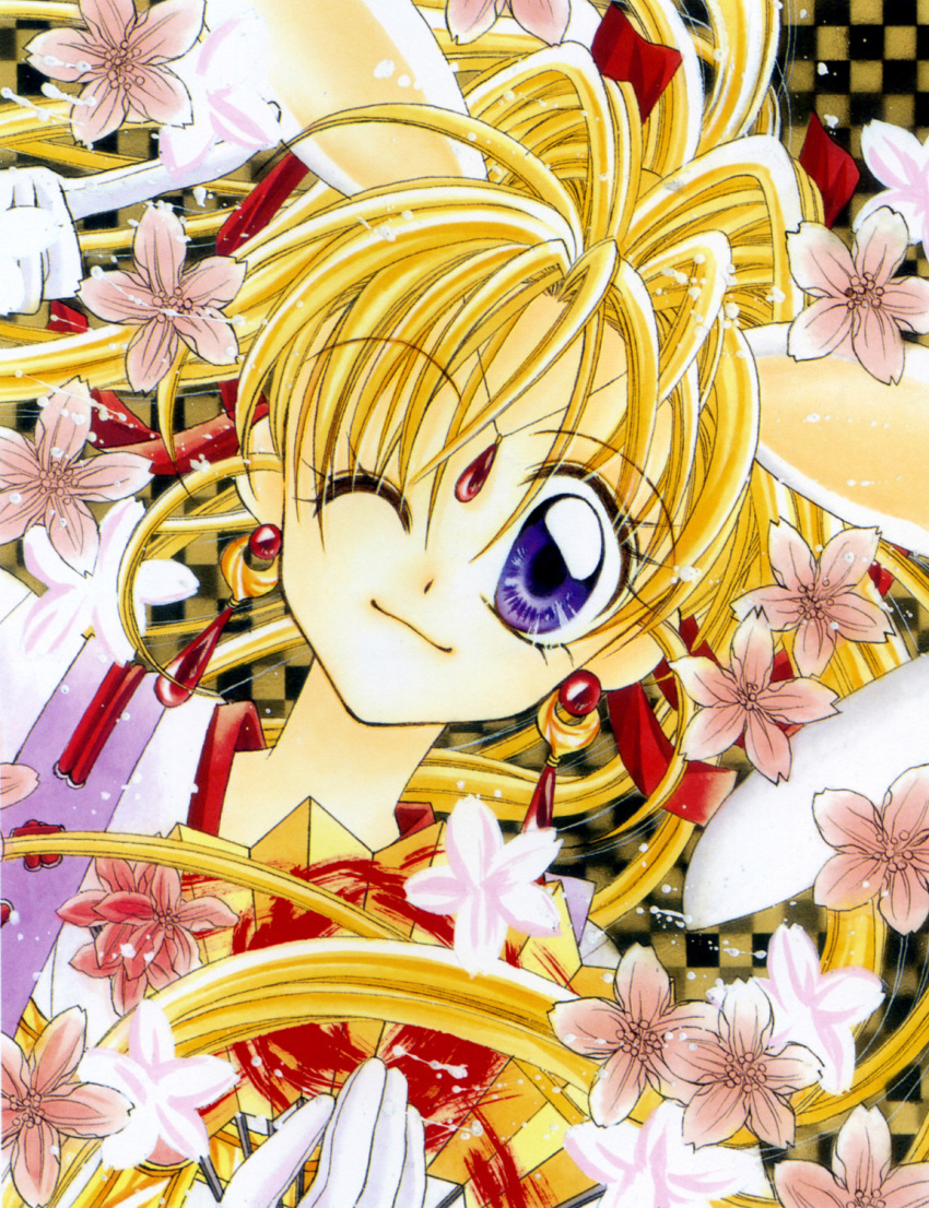 1990s_(style) 1girl animal_ears blonde_hair checkered checkered_background cherry_blossoms close-up closed_mouth earrings extra_ears face fan flower gloves hair_intakes hair_ribbon highres holding holding_fan jewelry kaitou_jeanne kamikaze_kaitou_jeanne kusakabe_maron long_hair looking_at_viewer magical_girl official_art one_eye_closed pointing ponytail rabbit_ears red_ribbon retro_artstyle ribbon scan smile solo tanemura_arina violet_eyes white_gloves