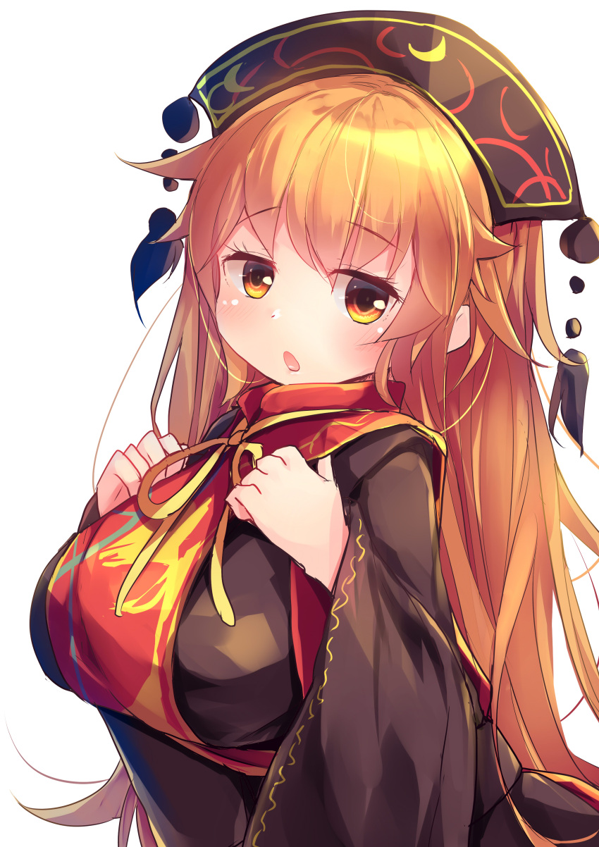 1girl :o absurdres bangs black_dress black_headwear blonde_hair blush breasts commentary_request dress eyebrows_visible_through_hair hair_flaps hands_on_own_chest headdress highres junko_(touhou) kanzakietc large_breasts long_hair looking_at_viewer ribbon simple_background solo tabard tassel touhou upper_body very_long_hair white_background wide_sleeves yellow_eyes yellow_neckwear yellow_ribbon