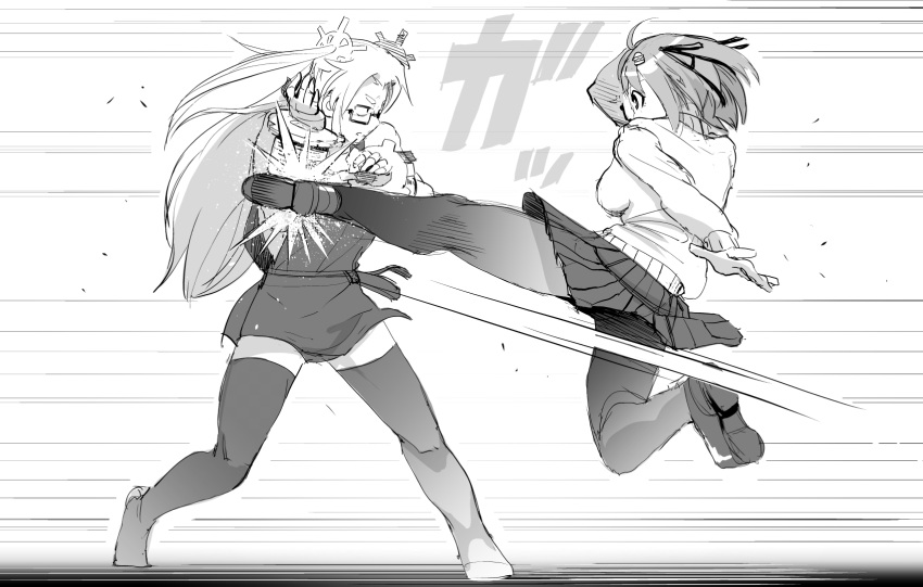 2girls battle blocking borrowed_character breasts crossover dress fighting gear_hair_ornament greyscale hamburger-chan_(nekoume) highres kicking loafers long_hair machinery_tomoko_(ubonoan) medium_breasts monochrome multiple_girls original pantyhose pleated_skirt semi-rimless_eyewear shoes short_hair skirt sweater_vest thigh-highs two_side_up ubonoan under-rim_eyewear vambraces zettai_ryouiki