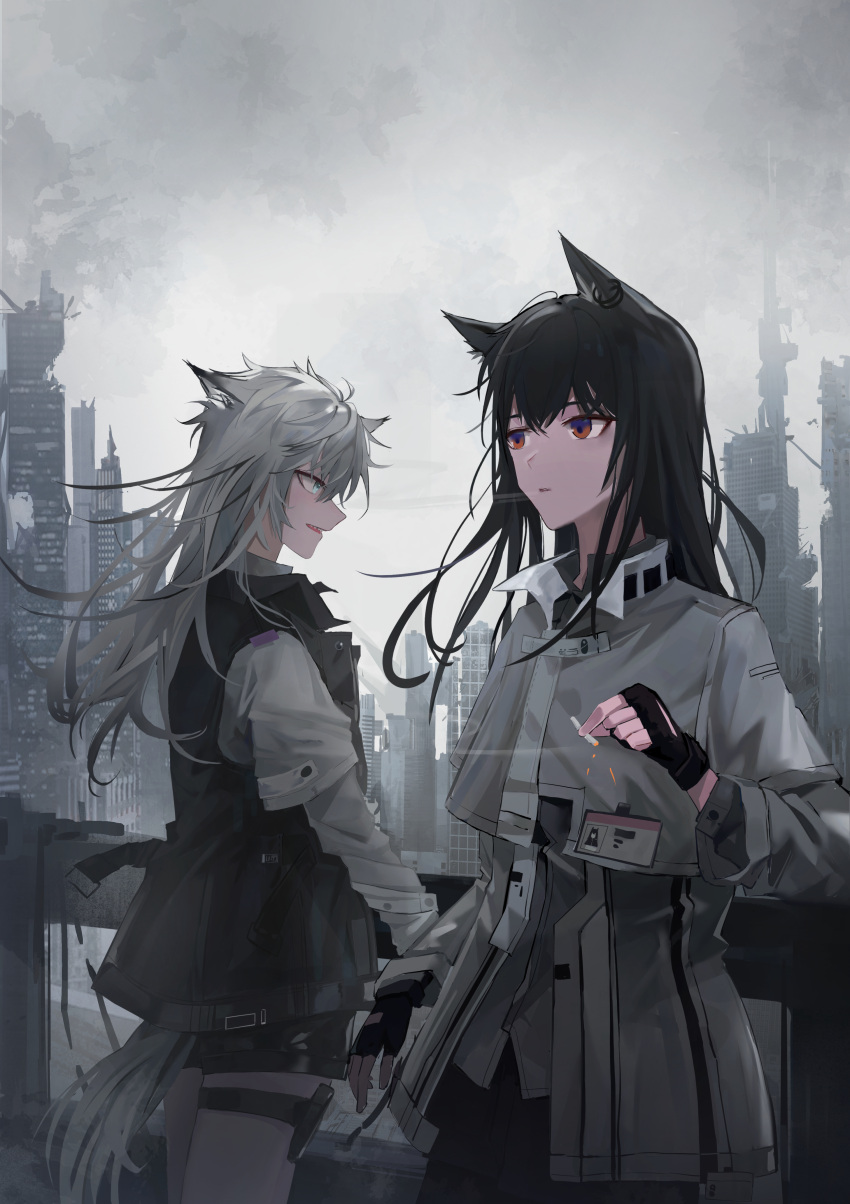 2girls absurdres animal_ears aqua_eyes arknights black_hair black_jacket black_legwear building city cityscape ear_piercing grey_hair grey_sky greyscale highres id_card jacket lappland_(arknights) long_hair monochrome multiple_girls name_tag open_mouth piercing red_eyes senkane shorts skyscraper smoking standing tail texas_(arknights) white_jacket white_legwear