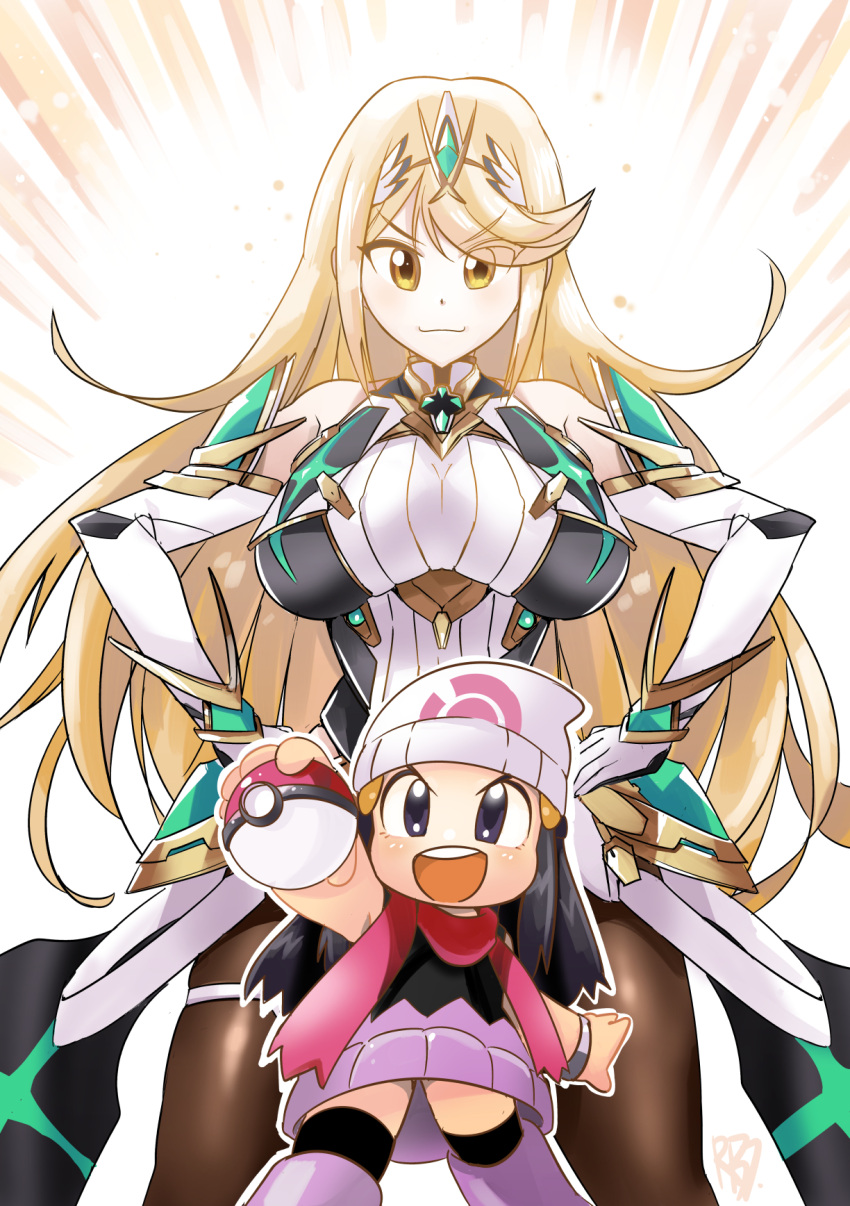 2girls bangs bare_shoulders blonde_hair breasts chest_jewel chibi crossover hikari_(pokemon) dress earrings elbow_gloves gloves highres jewelry large_breasts long_hair miniskirt mythra_(xenoblade) poke_ball pokemon pokemon_(game) pokemon_dppt robojanai scarf short_dress skirt super_smash_bros. swept_bangs thigh_strap tiara very_long_hair white_dress white_gloves xenoblade_chronicles_(series) xenoblade_chronicles_2 yellow_eyes