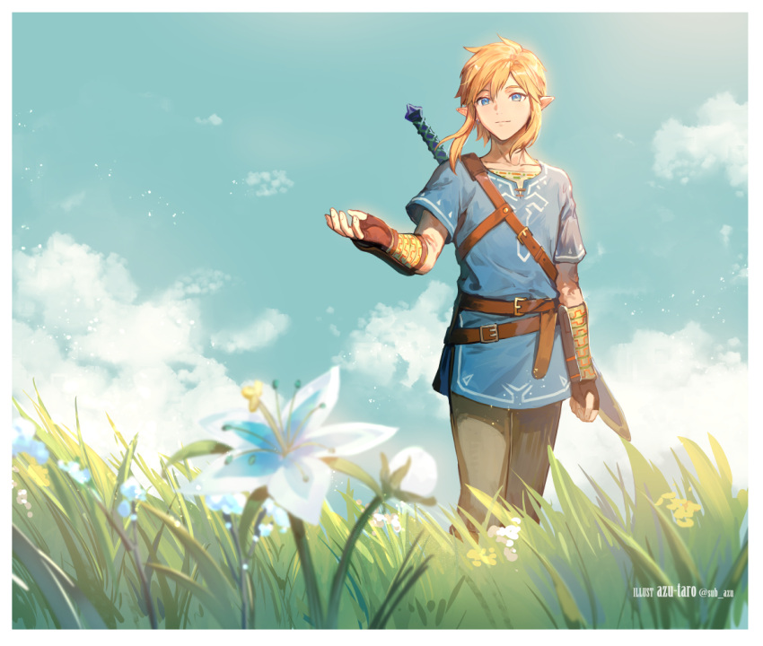 1boy artist_name azutarou black_pants blonde_hair blue_eyes blue_flower blue_shirt blue_sky closed_mouth clouds cloudy_sky commentary cowboy_shot day english_text fingerless_gloves flower gloves grass light_smile link outdoors outstretched_arm pants pointy_ears shirt short_hair sidelocks silent_princess sky smile solo standing strap sunlight sword the_legend_of_zelda the_legend_of_zelda:_breath_of_the_wild twitter_username vambraces weapon weapon_on_back wind
