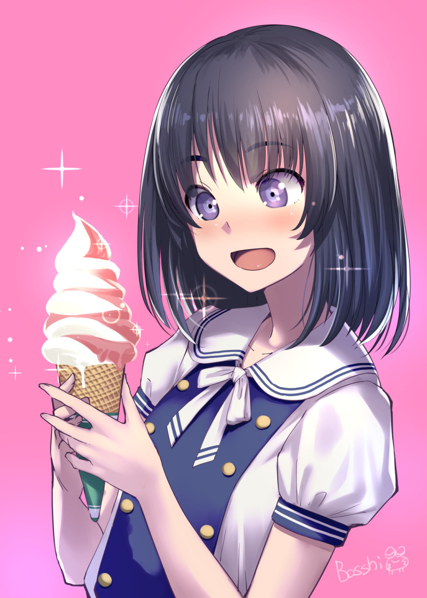 +_+ 1girl artist_name black_hair bosshi commentary_request food highres ice_cream original pink_background puffy_short_sleeves puffy_sleeves sailor_collar school_uniform serafuku short_hair short_sleeves simple_background smile soft_serve solo sparkle upper_body violet_eyes white_sailor_collar