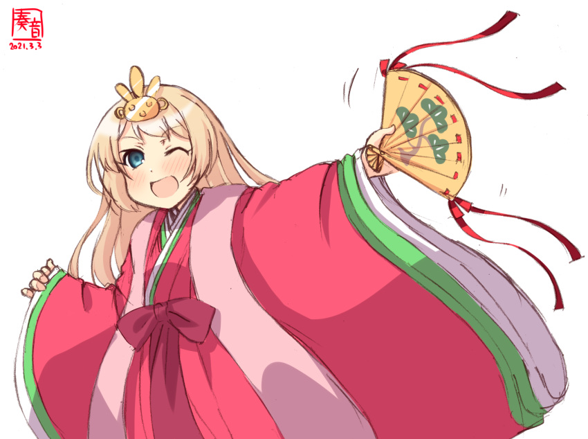 1girl alternate_costume artist_logo blonde_hair blue_eyes commentary_request cowboy_shot dated fan folding_fan hina_ningyou hinamatsuri japanese_clothes jervis_(kancolle) kanon_(kurogane_knights) kantai_collection kimono layered_clothing layered_kimono looking_at_viewer one-hour_drawing_challenge open_mouth saishi simple_background smile solo white_background