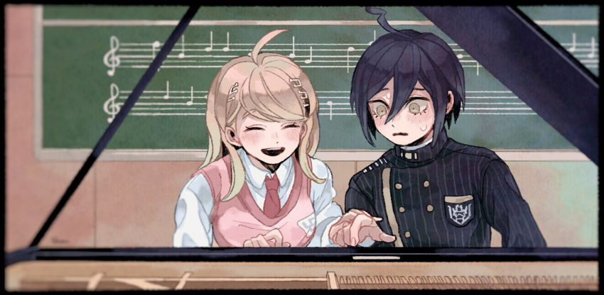 1boy 1girl :d ahoge akamatsu_kaede bangs black_hair black_jacket blonde_hair blush breast_pocket breasts brown_eyes chalkboard chi_(02tt_guru) closed_eyes collared_shirt commentary_request dangan_ronpa_(series) dangan_ronpa_v3:_killing_harmony hair_between_eyes hair_ornament instrument jacket large_breasts long_hair long_sleeves musical_note musical_note_hair_ornament necktie open_mouth piano pink_neckwear pink_vest pocket saihara_shuuichi shirt short_hair smile striped_jacket sweatdrop sweater_vest upper_body upper_teeth vest white_shirt