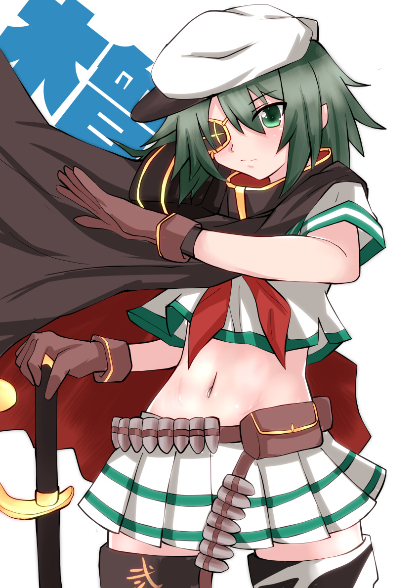 1girl absurdres ammunition_belt bangs black_cape brown_gloves cape character_name closed_mouth commentary cowboy_shot crop_top crop_top_overhang cutlass eyebrows_visible_through_hair eyepatch gloves green_eyes green_hair groin hair_between_eyes hat highres kantai_collection kiso_(kancolle) kitahama_(siroimakeinu831) looking_at_viewer medium_hair midriff navel neckerchief pleated_skirt remodel_(kantai_collection) sailor_hat school_uniform serafuku short_sleeves sidelocks skirt solo standing thigh-highs white_background white_headwear white_serafuku white_skirt zettai_ryouiki