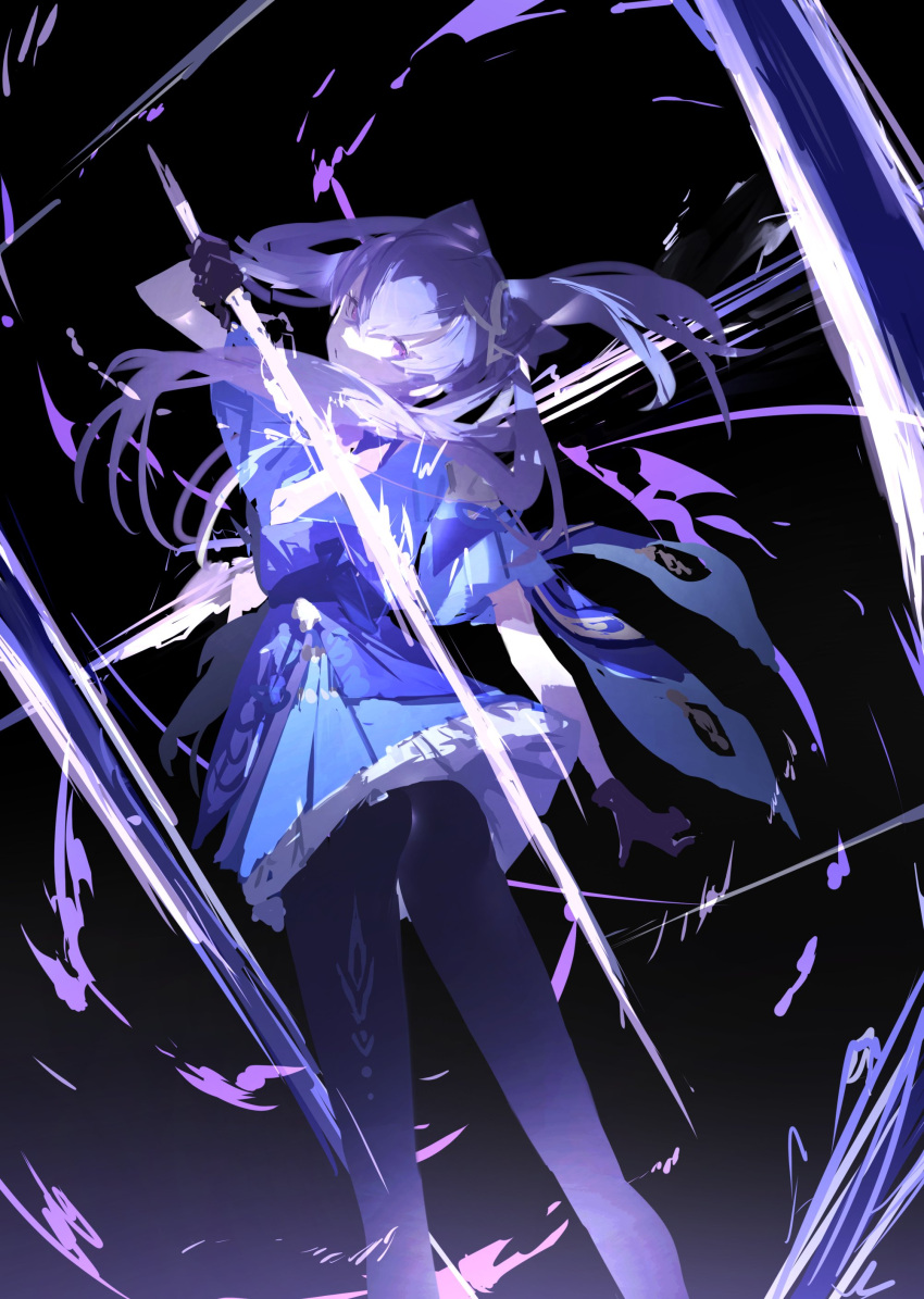 1girl absurdres black_gloves black_legwear clouds commentary_request genshin_impact gloves highres holding holding_sword holding_weapon keqing_(genshin_impact) kuronoiparoma lightning looking_back purple_hair purple_skirt skirt solo sword twintails violet_eyes weapon