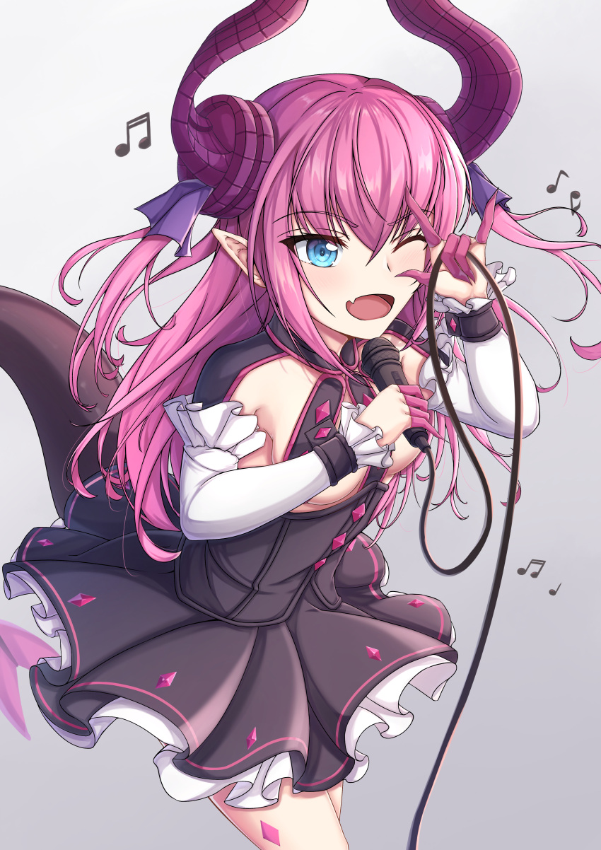 1girl absurdres asymmetrical_horns blue_eyes corset cowboy_shot curled_horns dragon_girl dragon_horns dragon_tail elizabeth_bathory_(fate) elizabeth_bathory_(fate)_(all) fate/grand_order fate_(series) highres holding holding_microphone horns idol long_hair microphone musical_note one_eye_closed pink_hair pointy_ears solo standing tail yjgo_pp