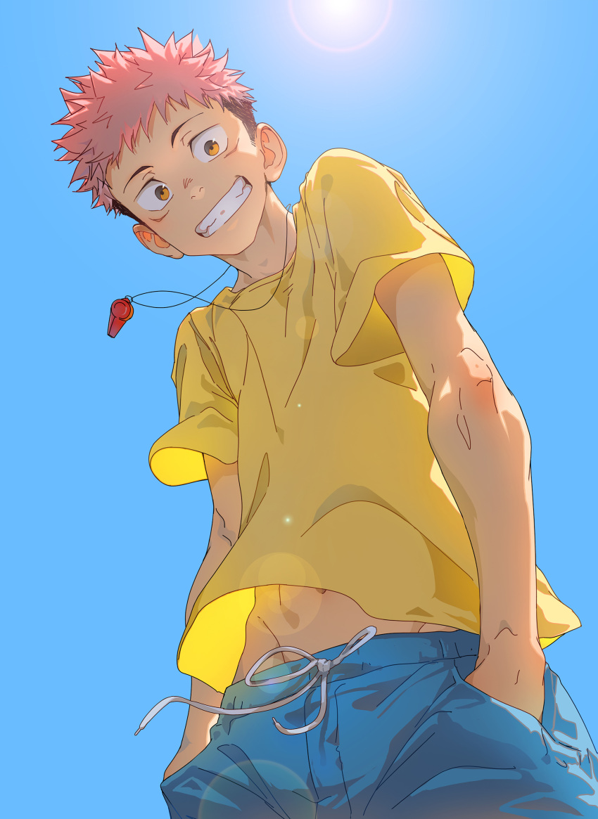 1boy absurdres beitemian blue_pants brown_eyes brown_hair child clear_sky day facial_mark from_below highres itadori_yuuji jujutsu_kaisen looking_at_viewer male_focus midriff_peek outdoors pants petals pink_hair shirt short_hair sky smile solo spiky_hair sunlight undercut whistle whistle_around_neck wind wind_lift yellow_shirt younger