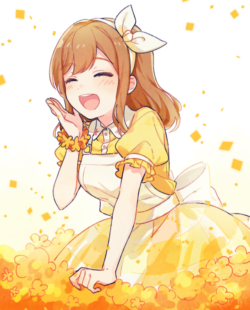 1girl ^_^ ^o^ back_bow bangs bow clenched_hand closed_eyes commentary_request dot_nose dress eyebrows_visible_through_hair facing_viewer flower flower_bracelet frilled_sleeves frills from_side hairband hand_up happy highres kunikida_hanamaru leaning_forward light_brown_hair long_hair love_live! love_live!_sunshine!! pinafore_dress puffy_short_sleeves puffy_sleeves ribbon round_teeth shirt short_sleeves solo tanoki_(mituguma) teeth two-tone_dress upper_teeth white_background white_bow white_dress white_hairband white_ribbon wing_collar yellow_flower yellow_shirt yellow_theme |d
