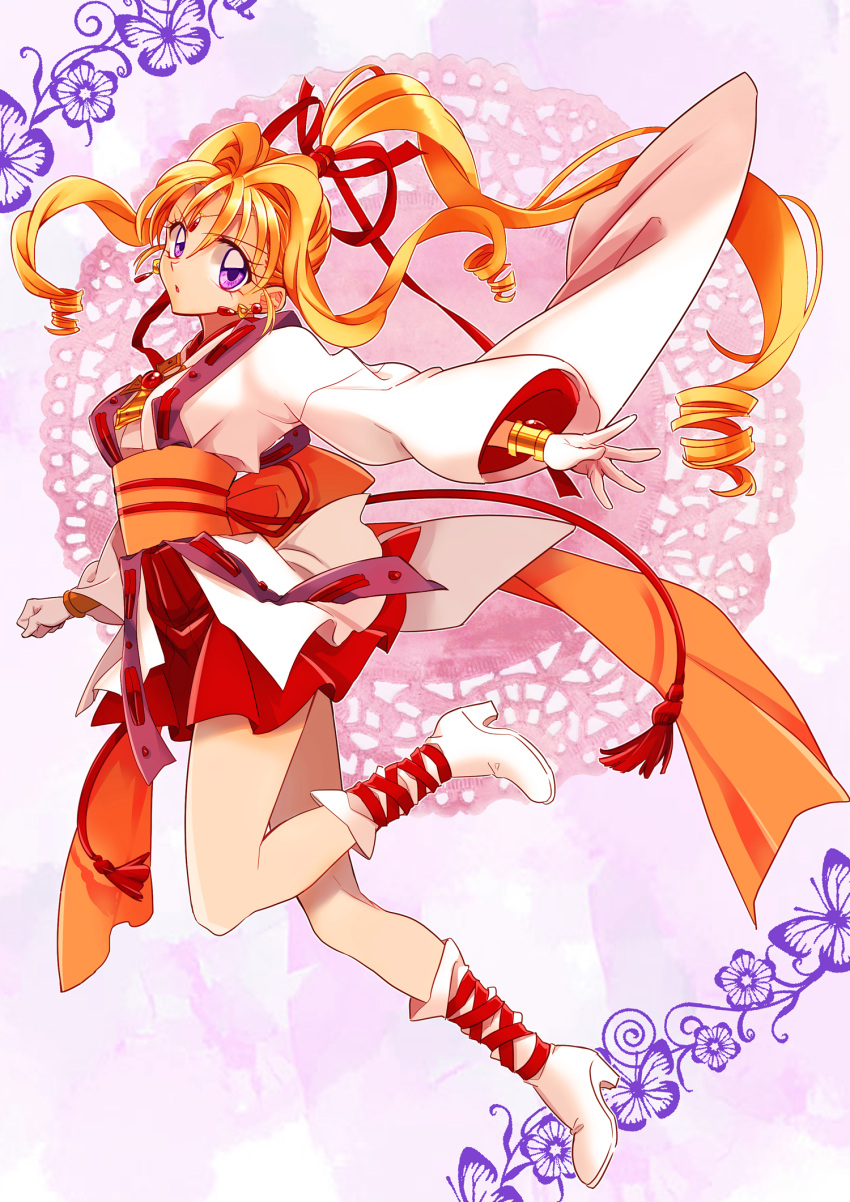 1girl back_bow blonde_hair boots bow earrings full_body gloves hair_bow hair_intakes hair_ribbon highres jewelry kaitou_jeanne kamikaze_kaitou_jeanne knee_boots kusakabe_maron long_hair looking_at_viewer magical_girl official_style orange_bow ponytail purple_background red_bow red_ribbon red_skirt ribbon sidelocks skirt solo violet_eyes white_footwear white_gloves yoshika_(draw-happy-picture)