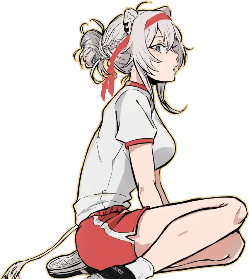 animal_ear_fluff animal_ears breasts ear_piercing from_side grey_eyes grey_hair gym_shorts gym_uniform headband highres hololive lion_ears lion_girl lion_tail looking_down medium_breasts open_mouth piercing red_headband red_shorts shishiro_botan shoes short_shorts shorts sitting sneakers solo tail tied_hair umeo_(um_eoji) virtual_youtuber