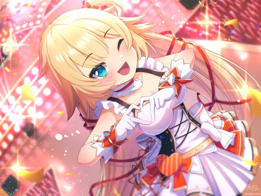 1girl ;d akai_haato aqua_eyes bangs bare_arms blonde_hair blush breasts choker cross-laced_clothes dutch_angle frilled_choker frilled_straps frills gloves hair_ribbon heart heart_hands highres hololive idol idol_clothes long_hair looking_at_viewer low_twintails magowasabi medium_breasts miniskirt nonstop_story official_alternate_costume one_eye_closed one_side_up open_mouth red_ribbon ribbon skirt skirt_set sleeveless smile solo stage tied_hair twintails very_long_hair virtual_youtuber white_gloves