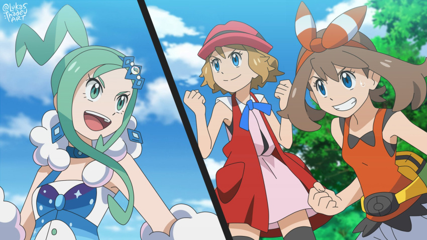 3girls :d bangs bare_arms blue_eyes blue_ribbon blurry blurry_background clenched_hand clenched_hands closed_mouth clouds commentary day english_commentary eyelashes fanny_pack green_eyes green_hair hair_ornament hairband hairpin hands_up hat highres light_brown_hair lisia_(pokemon) lukas_thadeu may_(pokemon) multiple_girls official_style open_mouth outdoors pokemon pokemon_(anime) pokemon_(game) pokemon_oras pokemon_xy_(anime) ribbon serena_(pokemon) shirt short_hair shorts sky sleeveless sleeveless_shirt smile splitscreen sweatdrop teeth thigh-highs tongue watermark yellow_bag