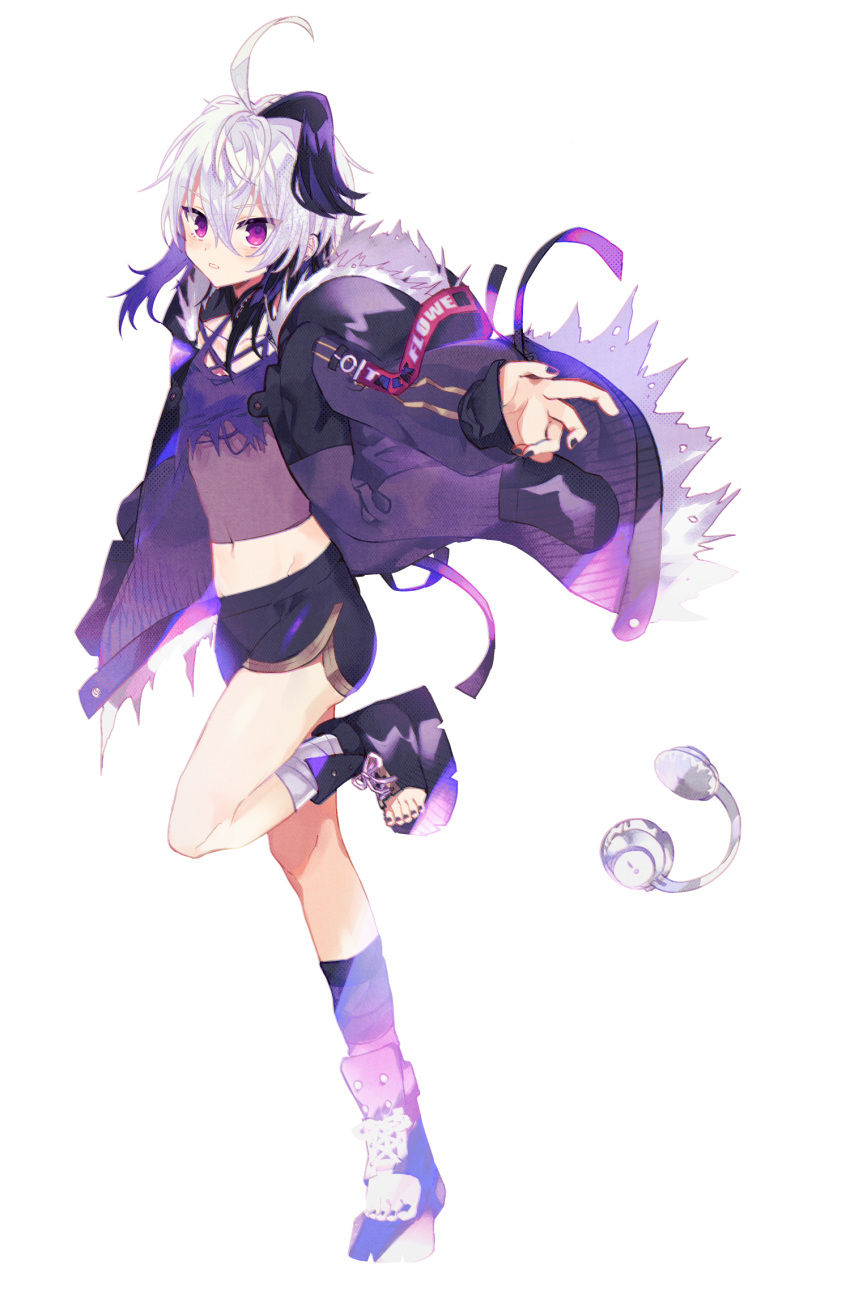 1girl ahoge bandaged_leg bandages bangs belt bike_shorts boots character_name crop_top eyebrows_visible_through_hair flower_(vocaloid) from_side full_body fur-trimmed_jacket fur_trim gynoid_talk hair_between_eyes headphones headphones_removed highres hood hooded_jacket jacket leg_up leg_warmers looking_at_viewer looking_to_the_side medium_hair midriff mismatched_legwear miwasiba multicolored_hair nail_polish navel official_art open_mouth outstretched_arm platform_footwear purple_footwear purple_hair purple_jacket purple_nails purple_shirt purple_shorts see-through_shirt shirt shorts sidelocks solo standing standing_on_one_leg streaked_hair striped striped_legwear toeless_footwear torn_clothes torn_shirt transparent_background two-tone_hair v_flower_(gynoid_talk) v_flower_(vocaloid4) violet_eyes vocaloid white_hair
