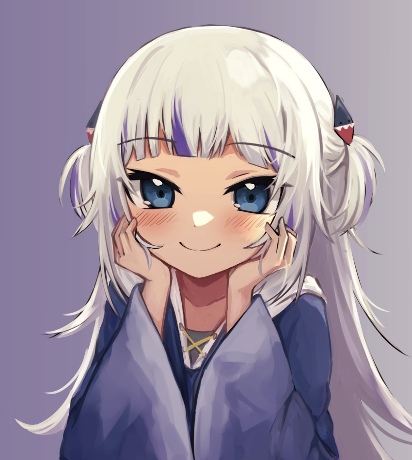 1girl absurdres arm_support blue_eyes blue_hoodie blush dot_nose gawr_gura grey_background hands_on_own_cheeks hands_on_own_face head_rest highres hololive hololive_english hood hoodie klaius long_hair long_sleeves looking_at_viewer smile solo two_side_up upper_body white_hair wide_sleeves