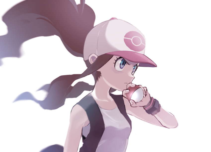 1girl blue_eyes brown_hair closed_mouth hat hilda_(pokemon) holding holding_poke_ball hoyon long_hair looking_away poke_ball poke_ball_(basic) pokemon pokemon_(game) pokemon_bw ponytail simple_background solo upper_body white_background white_headwear