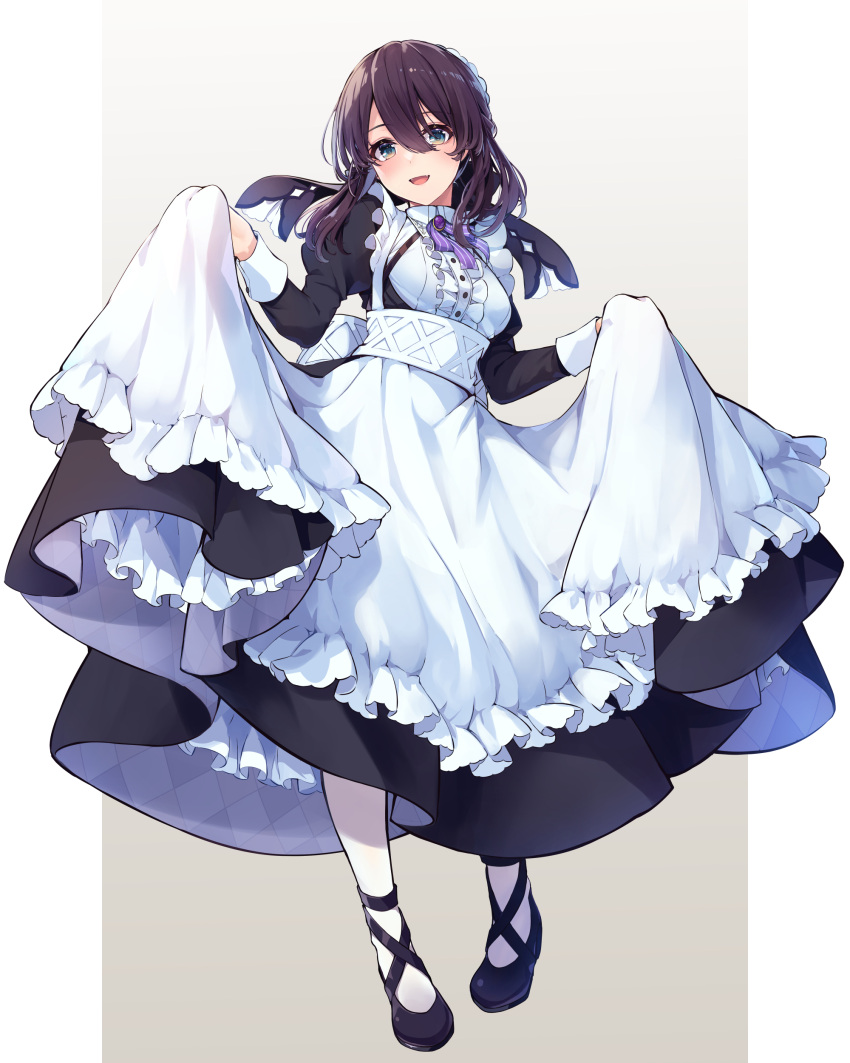 1girl :d absurdres ao_no_neko apron bangs black_dress black_footwear blue_eyes breasts brown_hair center_frills commentary_request dress eyebrows_visible_through_hair fangs frilled_apron frills full_body hair_between_eyes highres juliet_sleeves long_hair long_sleeves looking_at_viewer maid medium_breasts open_mouth original pantyhose puffy_sleeves shirt shoes skirt_hold smile solo standing waist_apron white_apron white_legwear white_shirt
