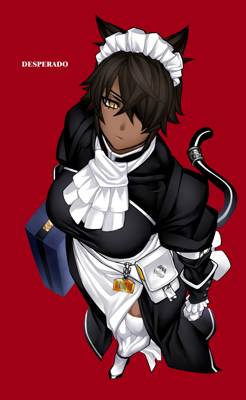 1girl absurdres animal_ears apron barcode belt_pouch black_dress black_tail breasts briefcase brown_hair cat_ears cat_tail clenched_hand copyright_name cravat dark_skin dark-skinned_female desperado_(yotaro) dress eyeliner eyepatch foreshortening from_above gloves highres large_breasts long_dress maid maid_headdress makeup mao_(yotaro) muscular muscular_female name_tag one-eyed pouch red_background short_hair side_slit slit_pupils solo standing tail taut_clothes taut_dress thick_thighs thigh-highs thighs waist_apron white_gloves white_legwear wrist_cuffs yellow_eyes yotaro