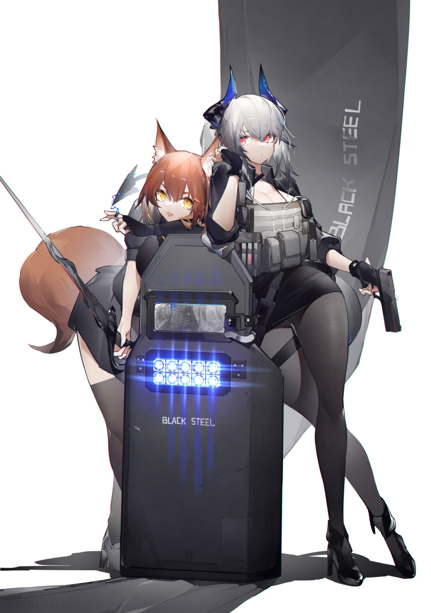 2girls absurdres animal_ears arknights black_skirt commentary_request fox_ears fox_tail franka_(arknights) highres horns liskarm_(arknights) long_hair multiple_girls pantyhose pencil_skirt red_eyes riot_shield shield silver_hair simple_background skirt tail thighs white_background yellow_eyes yushi_ketsalkoatl
