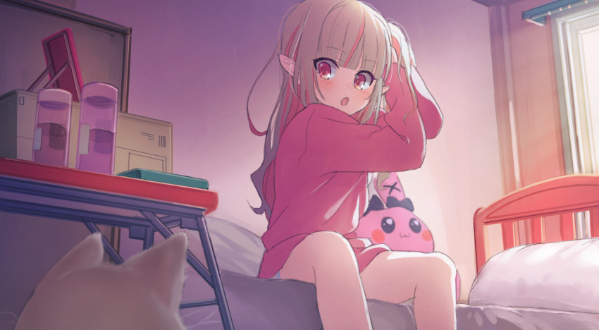 1girl :o adjusting_hair bed blush bottle bottomless cat commentary_request desk eyebrows_visible_through_hair grey_hair highres indoors long_hair makaino_ririmu multicolored_hair nijisanji open_mouth pillow pink_hair pink_sweater pointy_ears red_eyes sabamen sitting stuffed_animal stuffed_bunny stuffed_toy sunlight sweater two-tone_hair virtual_youtuber window