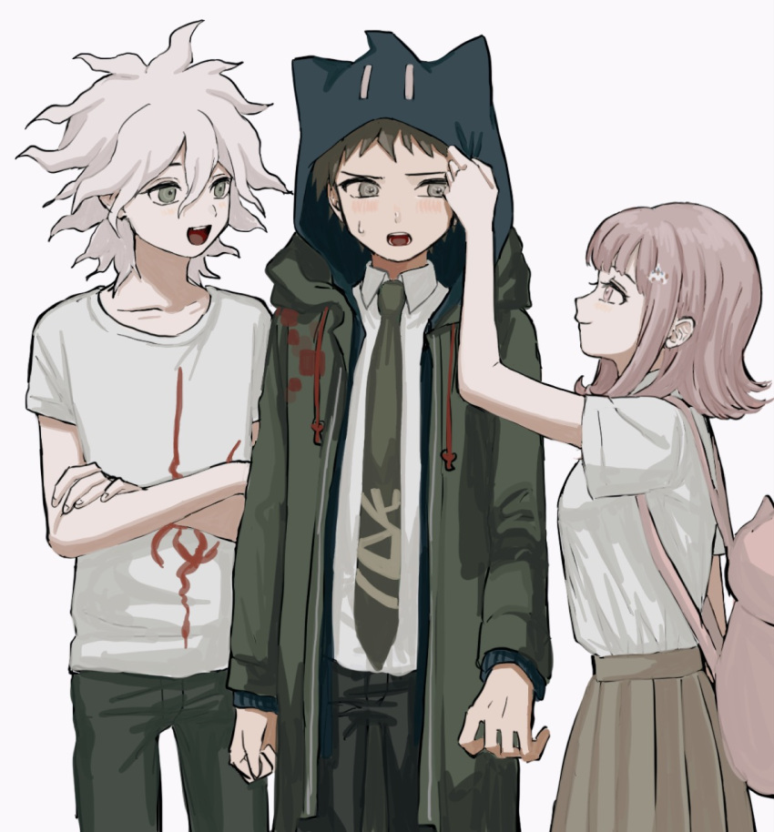 1girl 2boys :d adjusting_hood animal_bag animal_ears animal_hood arm_up backpack bag bangs blush borrowed_garments brown_eyes brown_hair brown_pants cat_bag cat_ears cat_hood coat collarbone collared_shirt commentary_request cowboy_shot crossed_arms dangan_ronpa_(series) dangan_ronpa_2:_goodbye_despair fake_animal_ears flipped_hair green_coat green_pants grey_hair hair_ornament hairclip highres hinata_hajime hood hood_up hoodie komaeda_nagito long_sleeves medium_hair multiple_boys nanami_chiaki necktie open_mouth pale_skin pants pink_bag pleated_skirt print_shirt renshu_usodayo shirt shirt_tucked_in short_hair skirt smile spaceship_hair_ornament sweatdrop t-shirt white_hair white_shirt