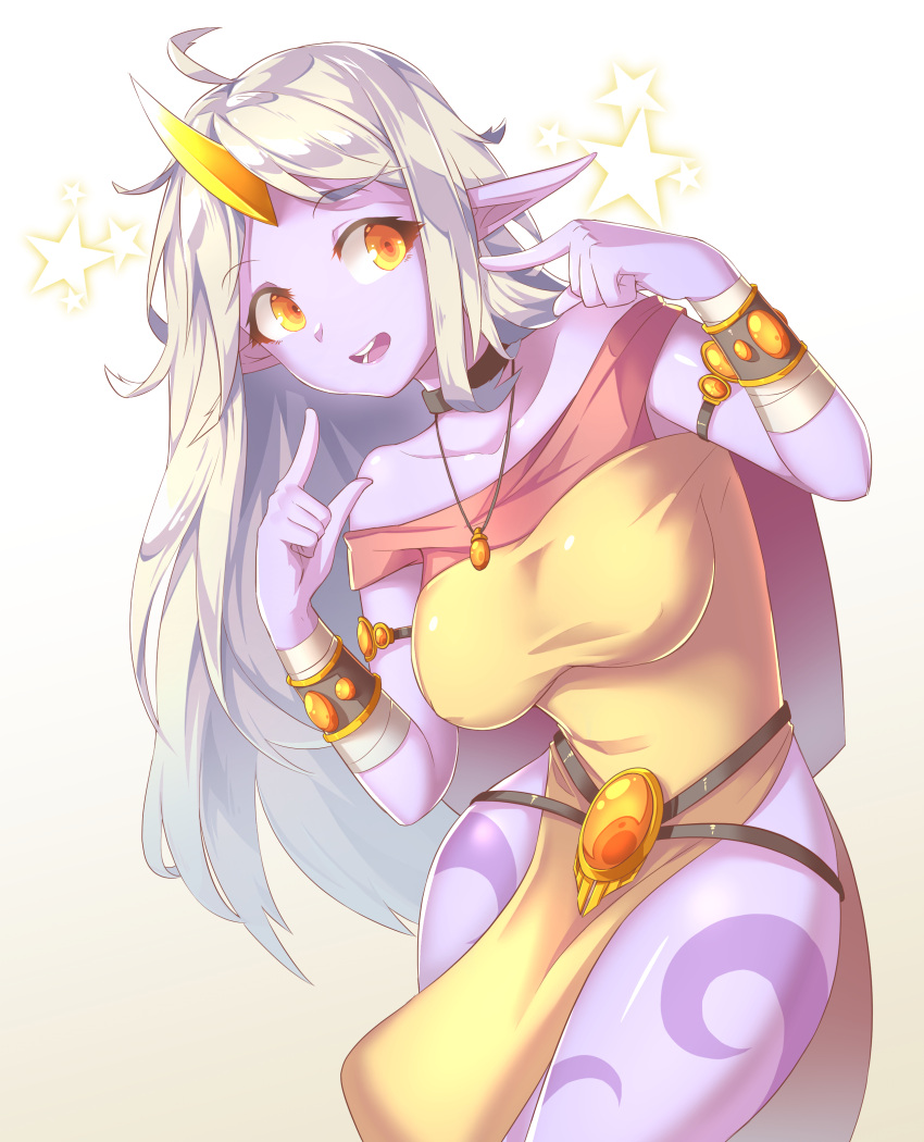 1girl absurdres ahoge breasts colored_skin covered_nipples dress highres horns jewelry large_breasts league_of_legends long_hair open_mouth pelvic_curtain pendant pointing pointing_at_self pointy_ears purple_skin single_horn sonawill soraka star_(symbol) tagme upper_teeth white_background white_hair yellow_dress yellow_eyes