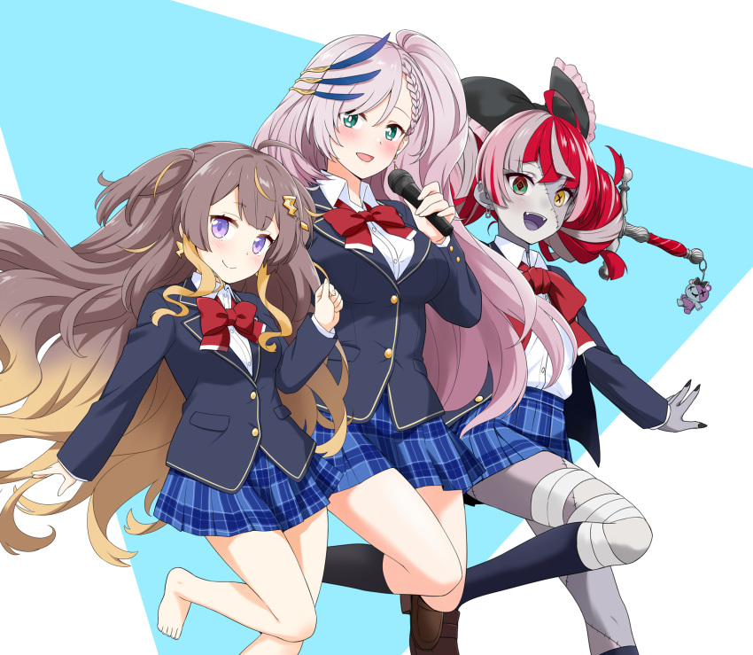 3girls alternate_costume anya_melfissa bandaged_leg bandages bangs black_bow black_nails blazer blonde_hair blue_eyes blue_jacket blue_skirt blush bow breasts bright_pupils brown_hair clenched_hand collared_shirt double_bun english_text feather_hair_ornament felutiahime flat_chest floating gradient_hair hair_bow highres holding holding_microphone hololive hololive_indonesia jacket jumping kureiji_ollie large_breasts long_hair looking_at_viewer microphone multicolored_hair multiple_girls open_hand open_mouth pavolia_reine pink_hair plaid plaid_skirt red_bow redhead school_uniform shirt side_ponytail silver_hair skirt smile streaked_hair sword very_long_hair violet_eyes virtual_youtuber weapon white_background white_pupils white_shirt x_x