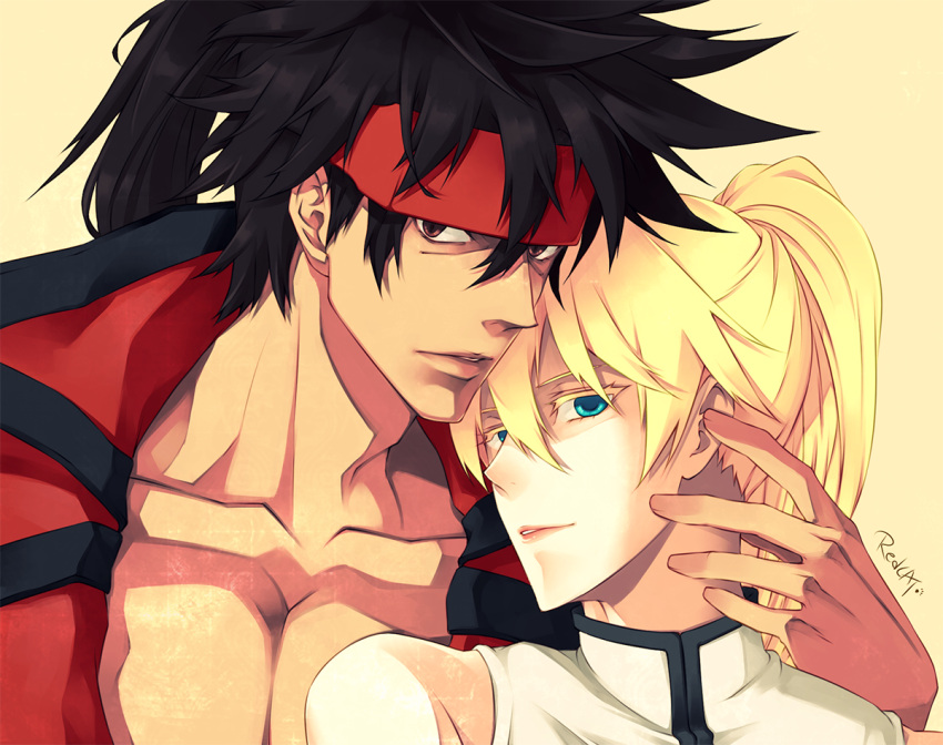 2boys bare_shoulders blonde_hair blue_eyes brown_eyes brown_hair collarbone eyelashes guilty_gear hand_on_another's_face ky_kiske long_hair looking_at_viewer male_focus multiple_boys muscular muscular_male pale_skin ponytail redcat sol_badguy tan