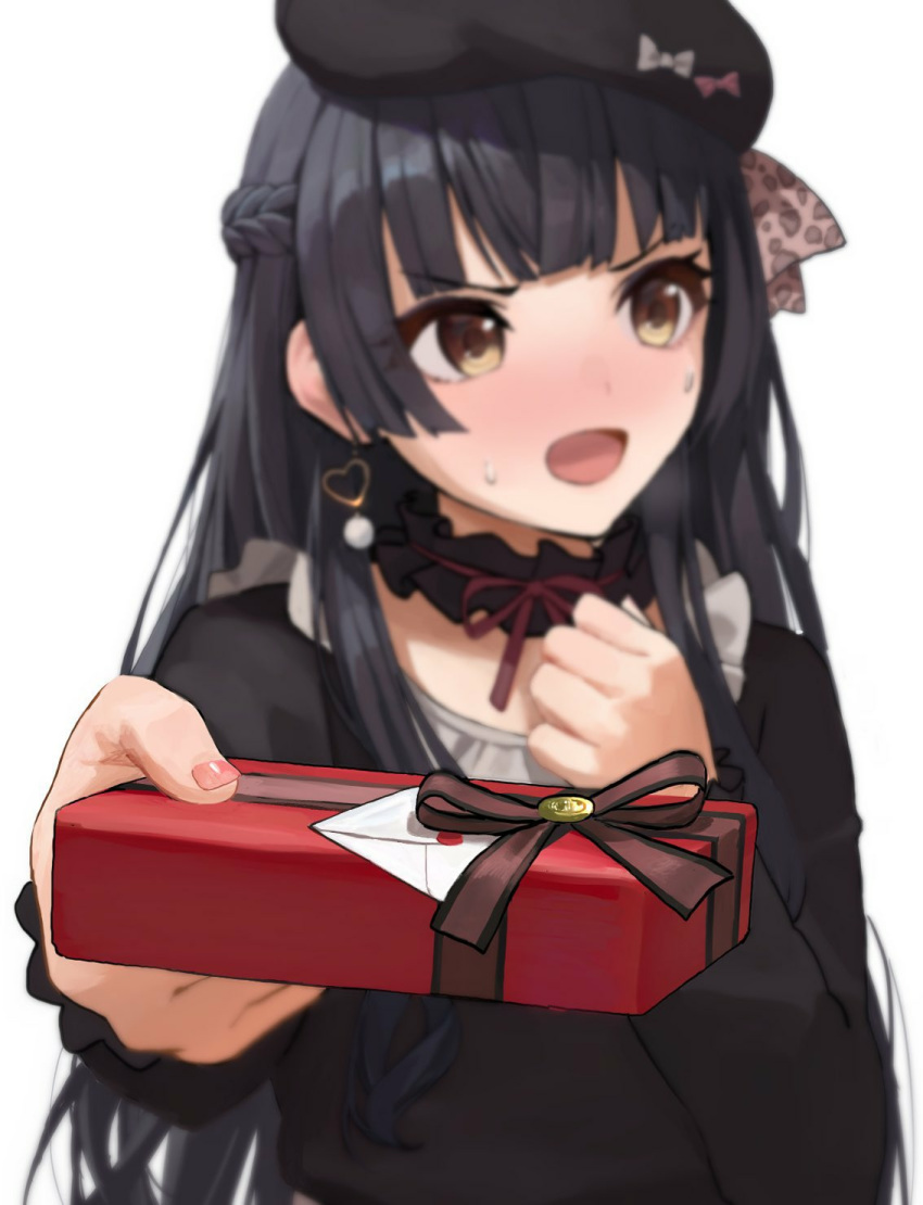 1girl bangs beret black_hair black_headwear black_shirt blurry blurry_background blush box brown_eyes depth_of_field earrings eyebrows_visible_through_hair gift gift_box hat heart heart_earrings highres holding holding_gift idolmaster idolmaster_shiny_colors incoming_gift jewelry long_sleeves looking_away looking_to_the_side mayuzumi_fuyuko nose_blush open_mouth shirt simple_background solo suketoudara_(artist) sweat v-shaped_eyebrows white_background