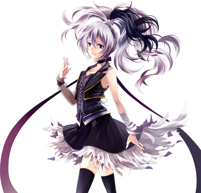 1girl arm_warmers bandaged_arm bandages bare_shoulders black_legwear black_nails boots choker closed_mouth cowboy_shot fishnet_armwear flower_(vocaloid) fur-trimmed_skirt fur_trim hand_up highres lace-up long_hair looking_at_viewer multicolored_hair nail_polish official_art purple_hair purple_legwear purple_nails purple_skirt skirt sleeveless smile standing streaked_hair thigh-highs transparent_background two-tone_hair vest violet_eyes vocaloid white_hair yamako_(state_of_children) zettai_ryouiki