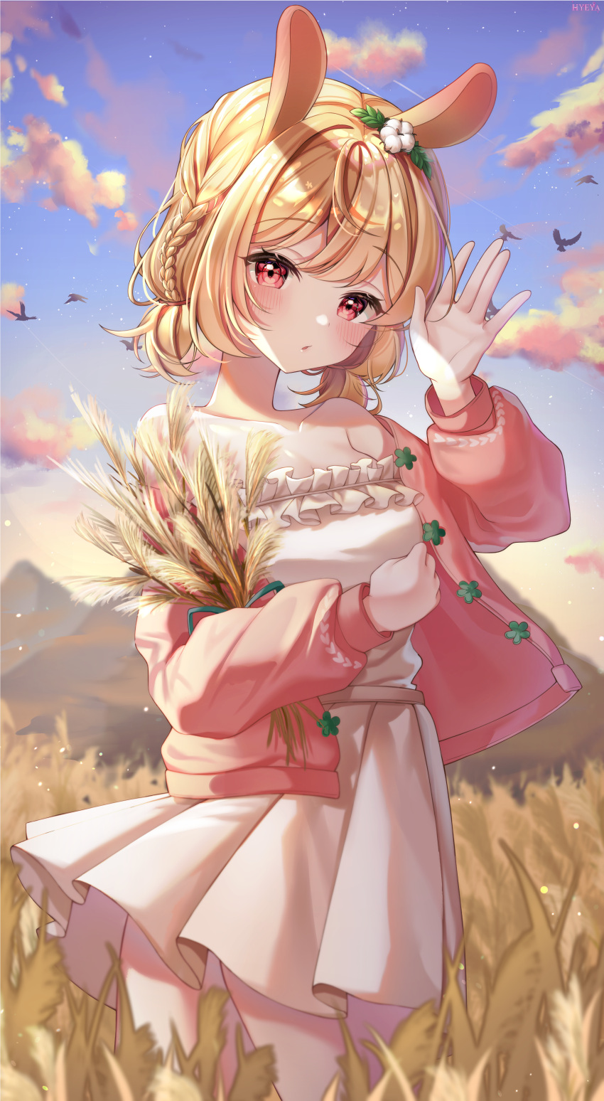 1girl absurdres animal_ears arm_up artist_name bangs bare_shoulders bird blonde_hair blush braid breasts clouds commentary dress eyebrows_visible_through_hair highres huge_filesize hyeya jacket long_sleeves looking_at_viewer medium_breasts medium_skirt off_shoulder original outdoors pink_jacket puffy_long_sleeves puffy_sleeves rabbit_ears red_eyes short_hair short_twintails sidelocks skirt sky sleeveless sleeveless_dress solo standing symbol_commentary twintails waving wheat wheat_field white_dress white_skirt