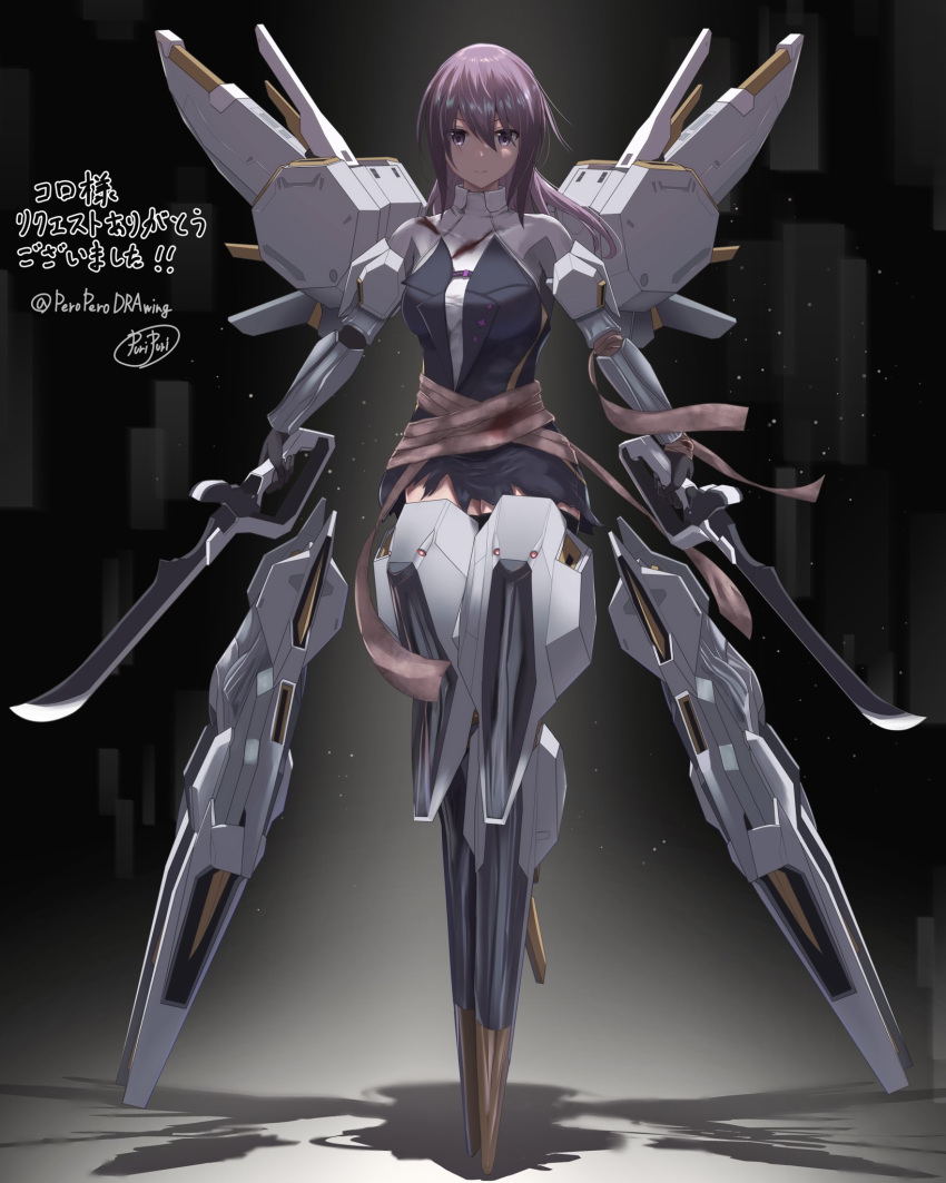 1girl alice_gear_aegis blood closed_mouth cuts dual_wielding full_body highres holding holding_sword holding_weapon injury mecha_musume nikotama_mai puripuri shadow signature solo sword twitter_username violet_eyes weapon