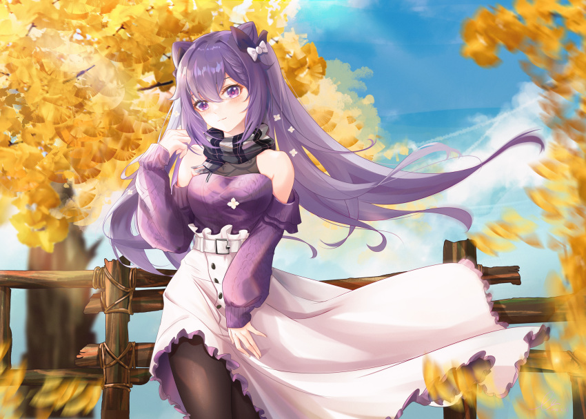 1girl bangs black_legwear blue_sky clouds fence frilled_skirt frills genshin_impact ginkgo_leaf hair_between_eyes hair_cones highres keqing_(genshin_impact) long_hair long_sleeves looking_at_viewer maruko_le off-shoulder_sweater off_shoulder outdoors pantyhose plaid plaid_scarf purple_hair purple_sweater scarf skirt sky solo sweater tree twintails violet_eyes white_skirt wooden_fence